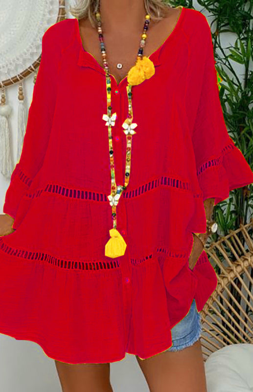 Women’s 3/4 Sleeve Cotton Linen V-Neck Loose Button Cutout Plus Size Top Dress - Red / S