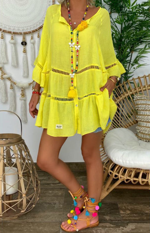 Women’s 3/4 Sleeve Cotton Linen V-Neck Loose Button Cutout Plus Size Top Dress