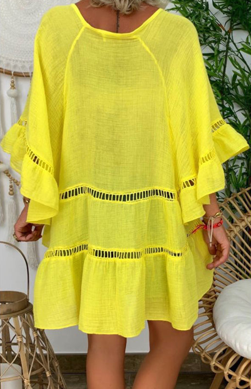 Women’s 3/4 Sleeve Cotton Linen V-Neck Loose Button Cutout Plus Size Top Dress