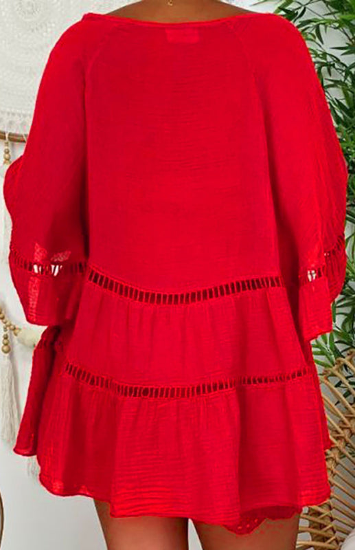 Women’s 3/4 Sleeve Cotton Linen V-Neck Loose Button Cutout Plus Size Top Dress
