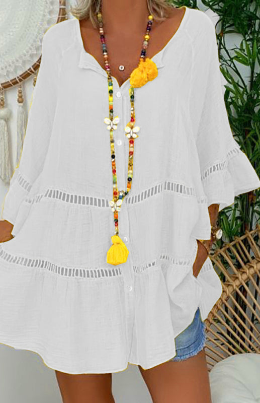 Women’s 3/4 Sleeve Cotton Linen V-Neck Loose Button Cutout Plus Size Top Dress - White / S