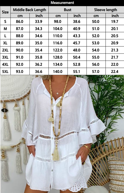 Women’s 3/4 Sleeve Cotton Linen V-Neck Loose Button Cutout Plus Size Top Dress