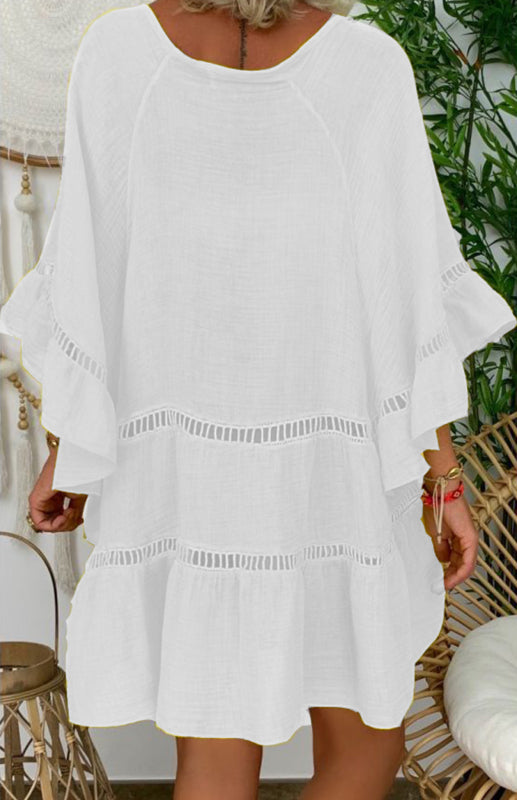 Women’s 3/4 Sleeve Cotton Linen V-Neck Loose Button Cutout Plus Size Top Dress