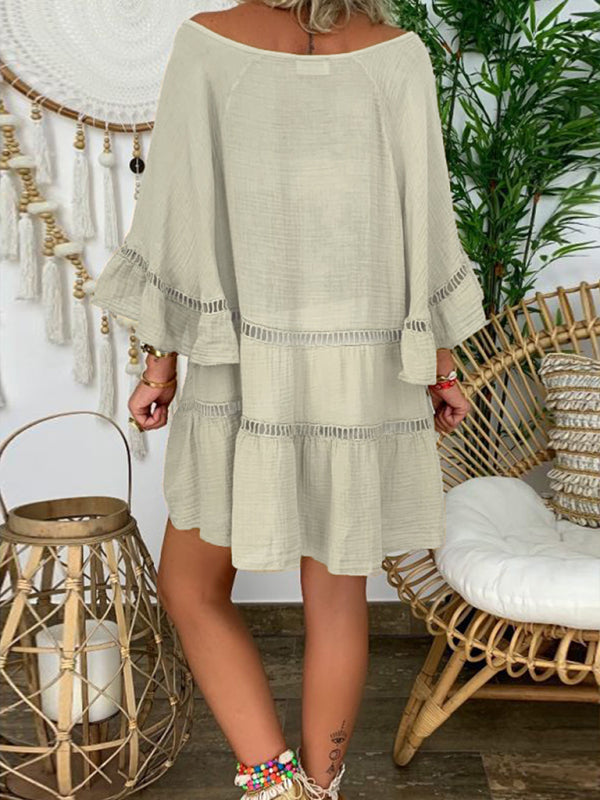 Women’s 3/4 Sleeve Cotton Linen V-Neck Loose Button Cutout Plus Size Top Dress