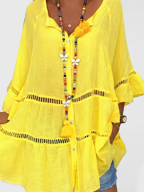 Women’s 3/4 Sleeve Cotton Linen V-Neck Loose Button Cutout Plus Size Top Dress - Yellow / S