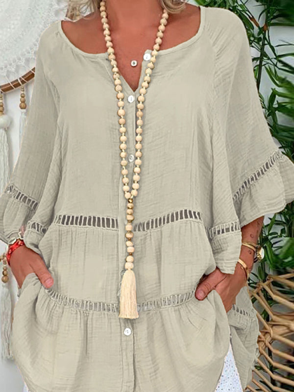 Women’s 3/4 Sleeve Cotton Linen V-Neck Loose Button Cutout Plus Size Top Dress - Brown / M