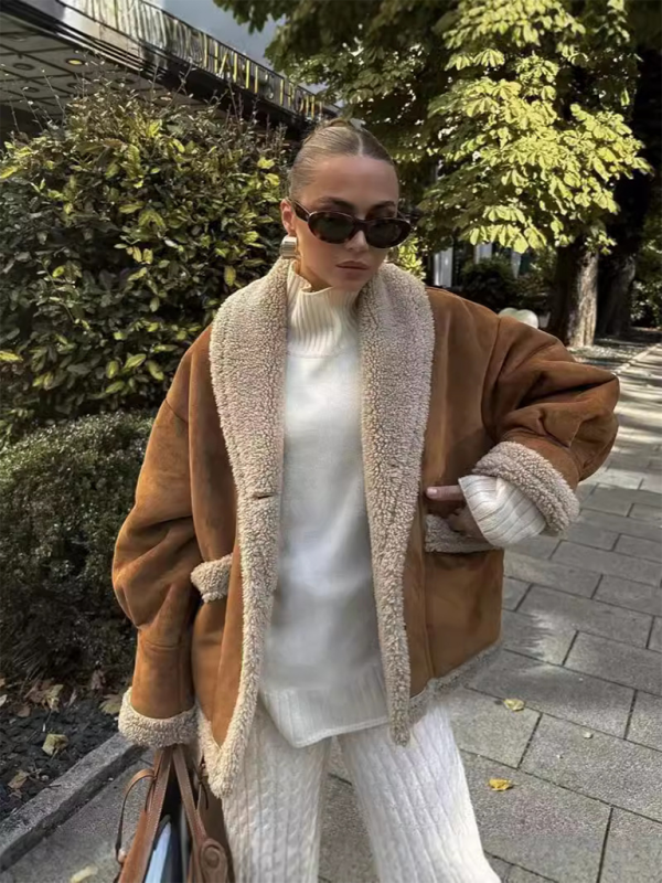 Women’s American retro woolen coat lapel loose top - Brown / S