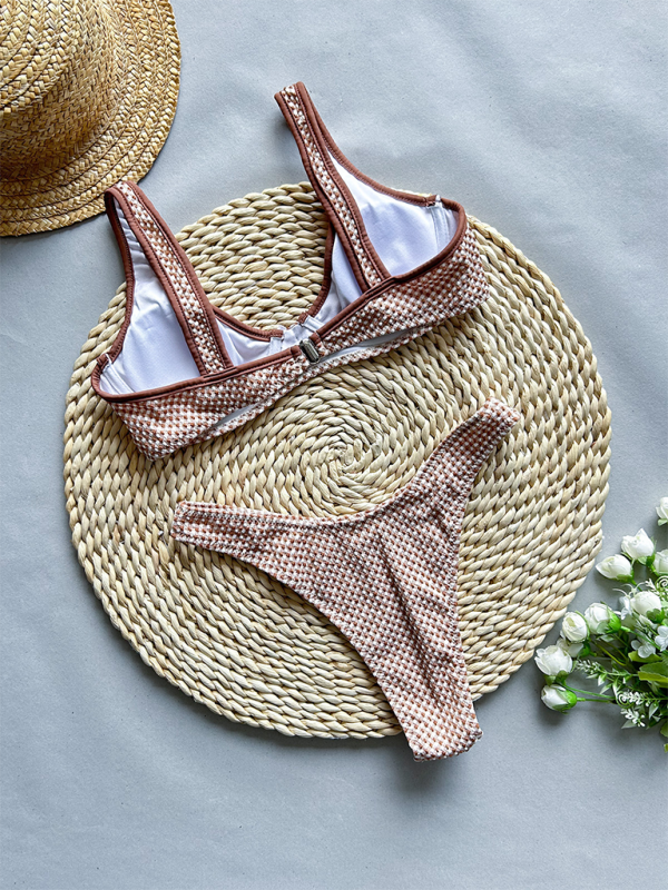 Brown and white textured plaid two-piece swimsuit for women with sexy design