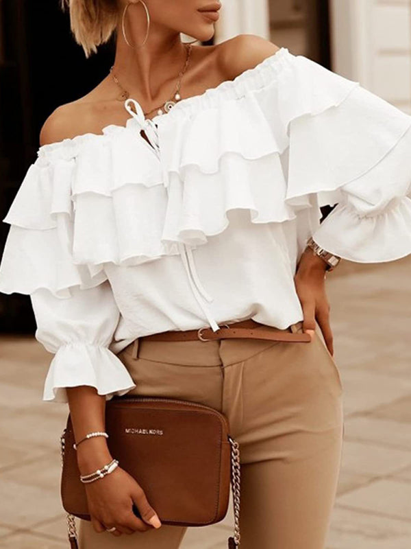 Women’s Boat neck tie ruffle track blouse