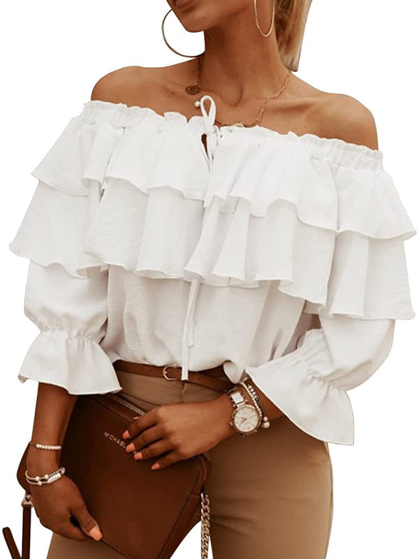 Women’s Boat neck tie ruffle track blouse