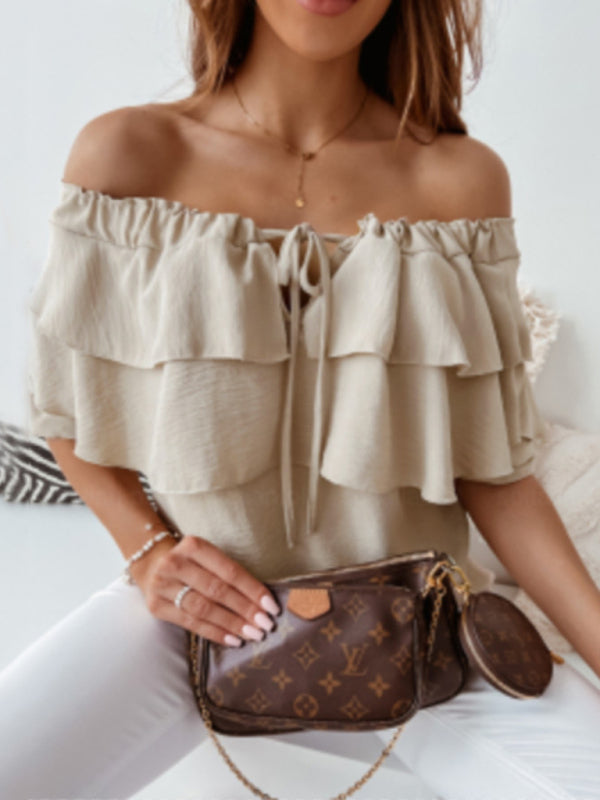 Women’s Boat neck tie ruffle track blouse - Khaki / S