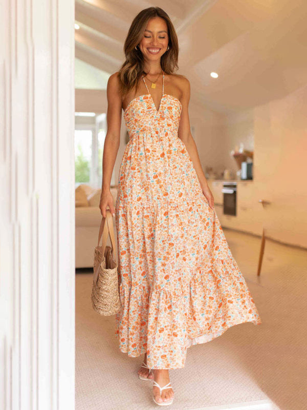 Women’s bohemian suspender v-neck long dress - Orange / S