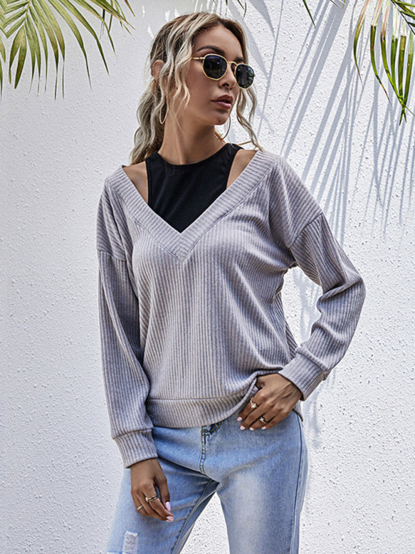 Women’s Bottom Fake Two-Piece Oversized Stitching V-Neck Knitted Sweater - Misty grey / S