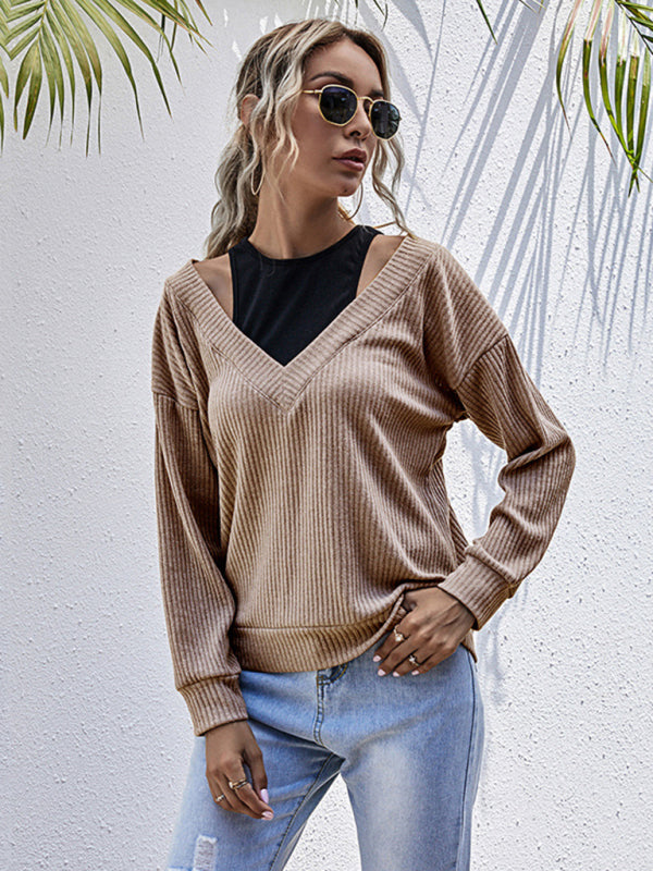 Women’s Bottom Fake Two-Piece Oversized Stitching V-Neck Knitted Sweater - Khaki / S