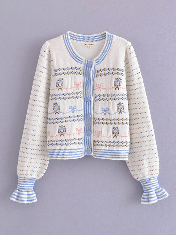 Women’s bow round neck button-down knitted cardigan - White / S