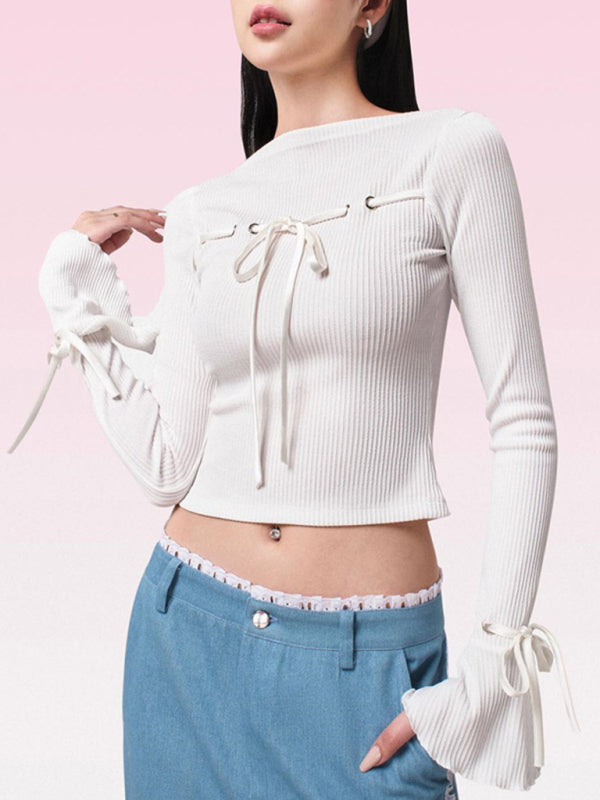 Women’s Bow Tie Thread Slim Fit Flared Long Sleeves - White / S