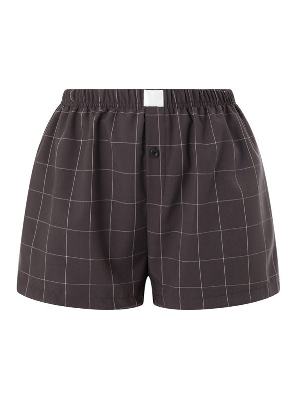 Women’s Casual Comfort High Waist Loose Wide Leg Vintage Plaid Shorts - Dark Brown / S