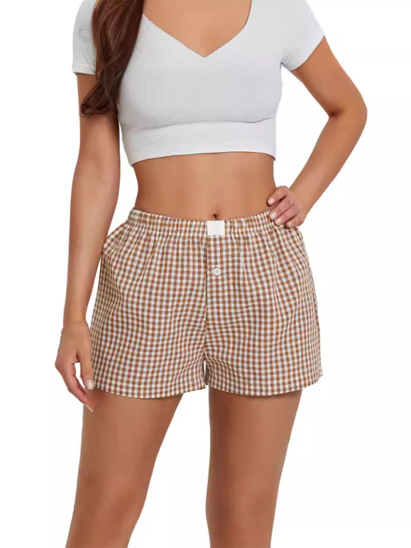 Women’s Casual Comfort High Waist Loose Wide Leg Vintage Plaid Shorts