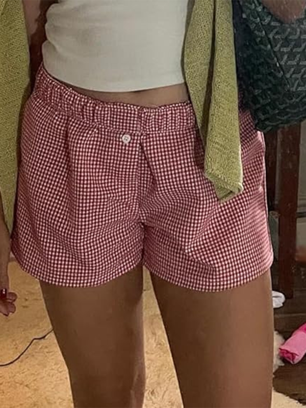 Women’s Casual Comfort High Waist Loose Wide Leg Vintage Plaid Shorts