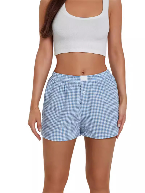 Women’s Casual Comfort High Waist Loose Wide Leg Vintage Plaid Shorts