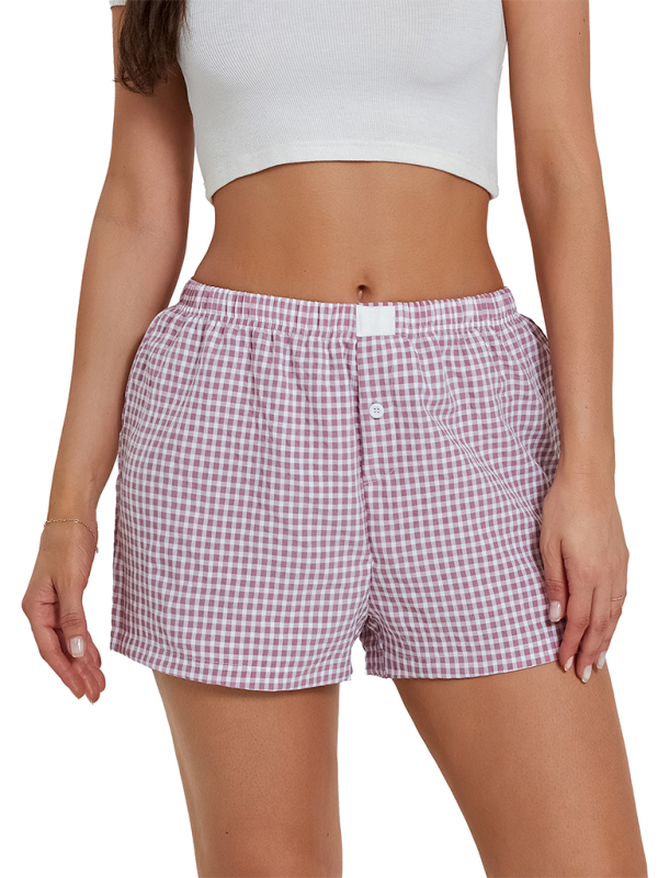 Women’s Casual Comfort High Waist Loose Wide Leg Vintage Plaid Shorts - Purple / S