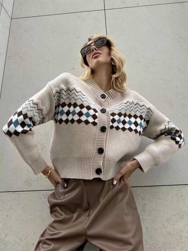 Women’s Casual Diamond Jacquard Knit Cardigan