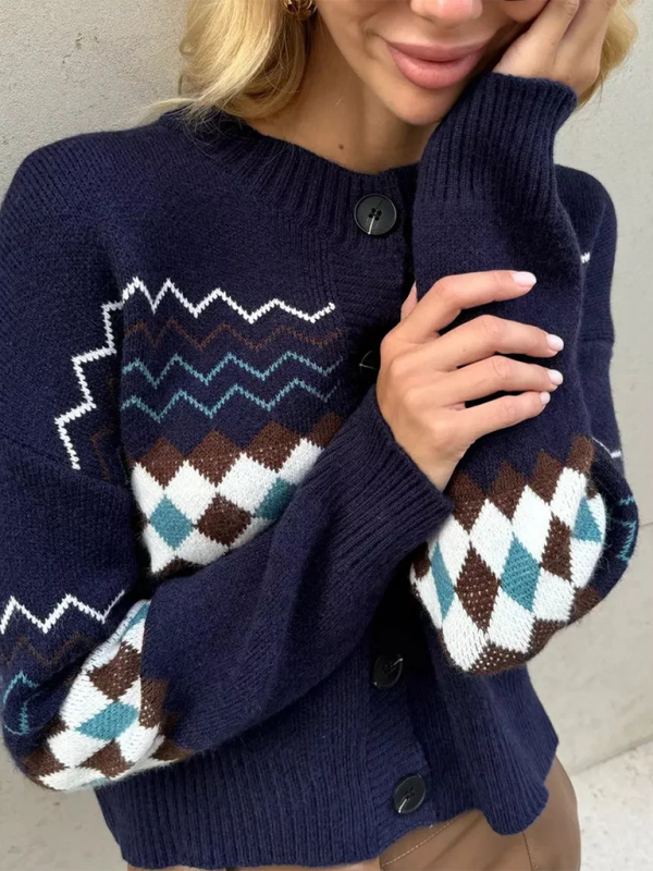 Women’s Casual Diamond Jacquard Knit Cardigan
