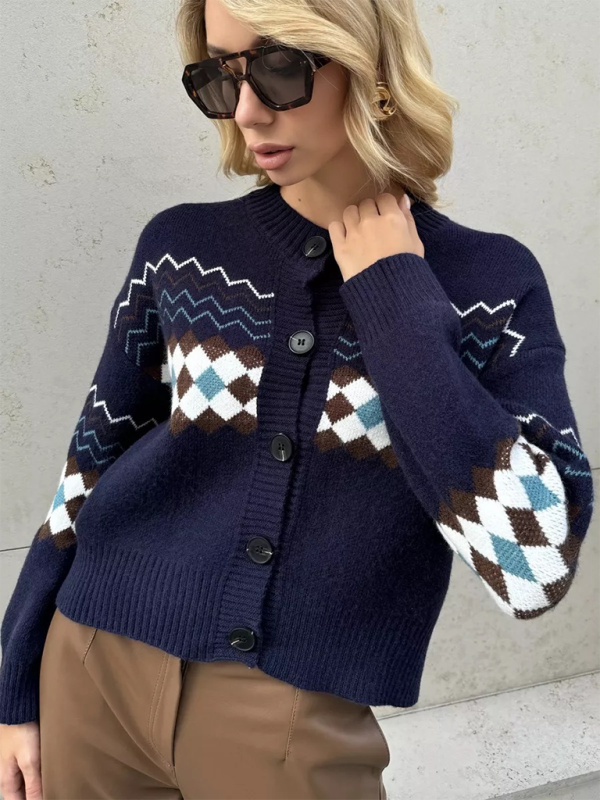 Women’s Casual Diamond Jacquard Knit Cardigan - Champlain color / S