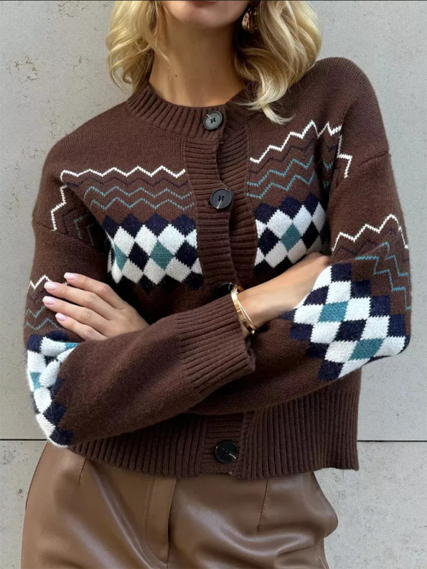 Women’s Casual Diamond Jacquard Knit Cardigan - Coffee / S