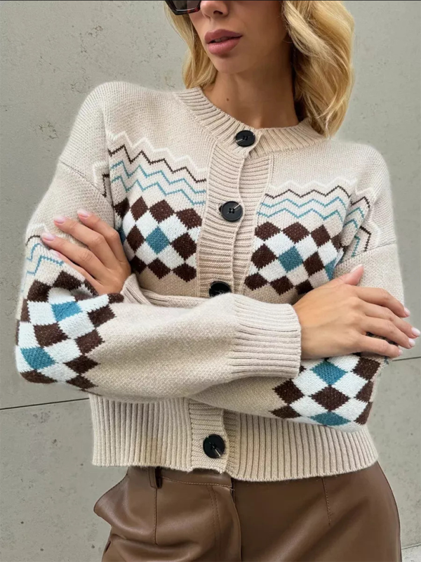 Women’s Casual Diamond Jacquard Knit Cardigan - Khaki / S