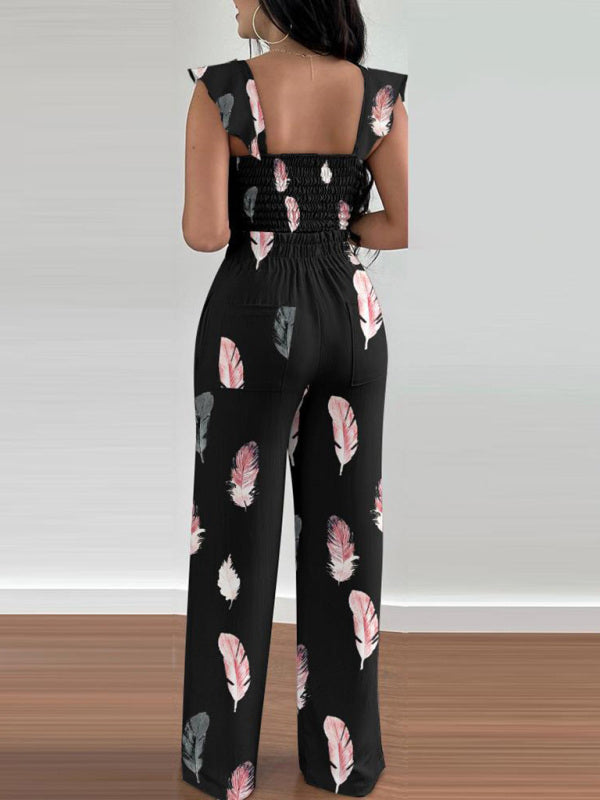 Women’s casual fashion feather print commuting two-piece suit