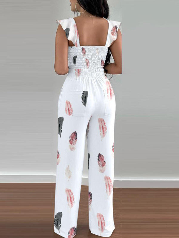 Women’s casual fashion feather print commuting two-piece suit
