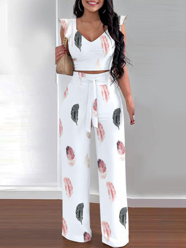 Women’s casual fashion feather print commuting two-piece suit - White / S