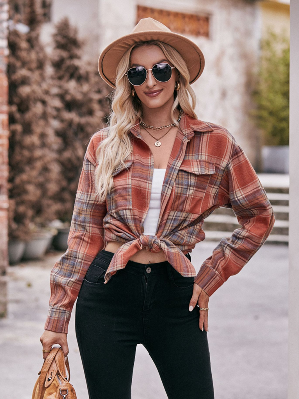 Women’s Casual Fashion Oversize Loose Plaid Shirt - caramel / S
