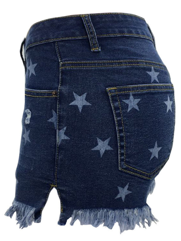 Women’s Casual Fringe Pentagram Print High Waist Denim Shorts