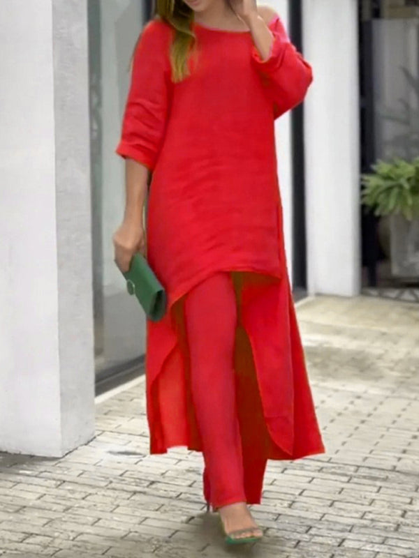 Women’s casual irregular long-sleeved wide-leg pants two-piece set - Rose / S