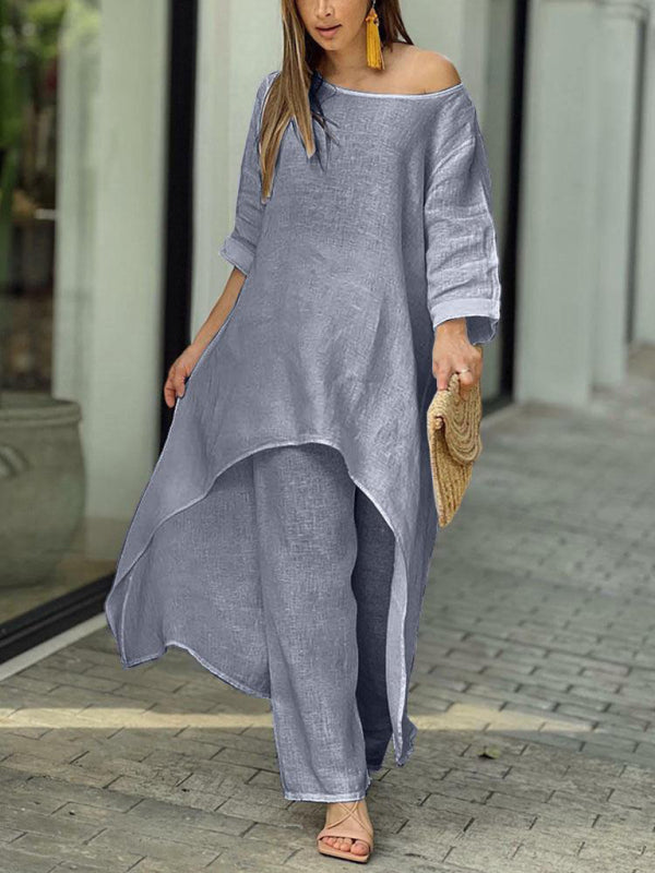 Women’s casual irregular long-sleeved wide-leg pants two-piece set - Charcoal grey / S