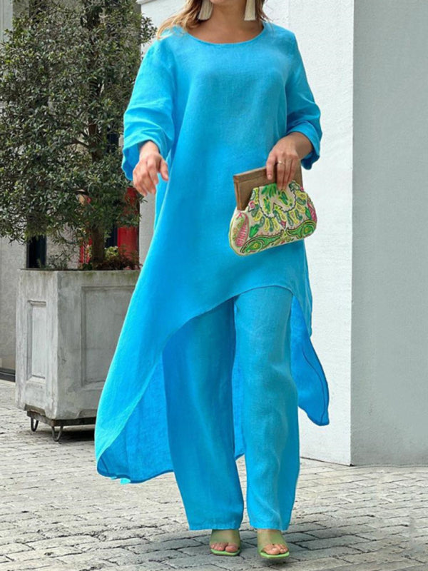 Women’s casual irregular long-sleeved wide-leg pants two-piece set - Blue / S