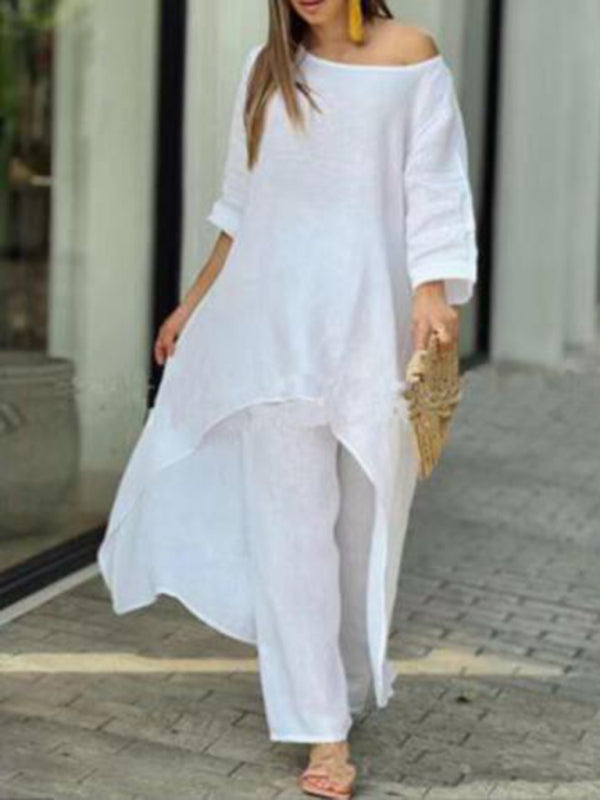Women’s casual irregular long-sleeved wide-leg pants two-piece set - White / S