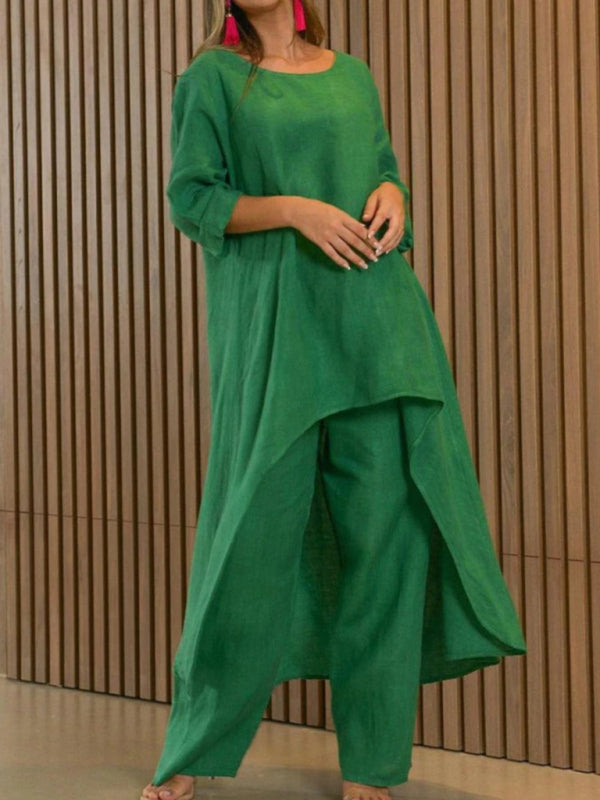Women’s casual irregular long-sleeved wide-leg pants two-piece set - Green / S