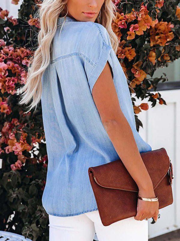 women’s casual lapel denim short sleeve shirt