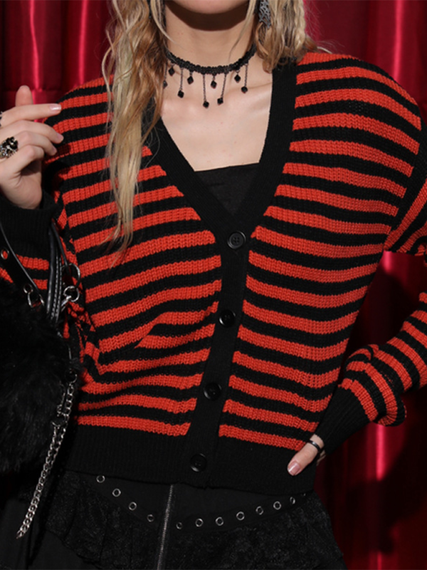 Women’s Casual Long Sleeve Halloween Sweater Pumpkin Color Stripe V Knit Cardigan