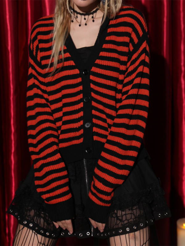 Women’s Casual Long Sleeve Halloween Sweater Pumpkin Color Stripe V Knit Cardigan
