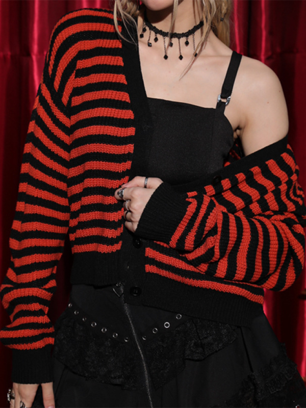 Women’s Casual Long Sleeve Halloween Sweater Pumpkin Color Stripe V Knit Cardigan - Orange / S
