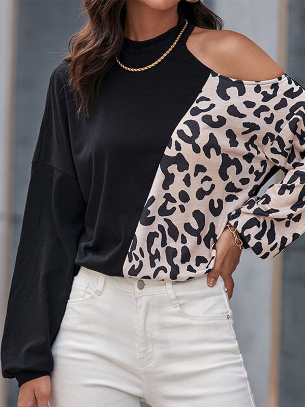 Women’s Casual Long Sleeve Hollow Off Shoulder Bottoming Shirt Half Turtle Neck Top