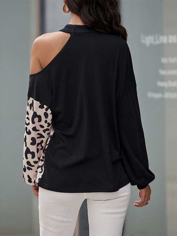 Women’s Casual Long Sleeve Hollow Off Shoulder Bottoming Shirt Half Turtle Neck Top