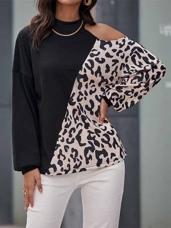 Women’s Casual Long Sleeve Hollow Off Shoulder Bottoming Shirt Half Turtle Neck Top - White / S