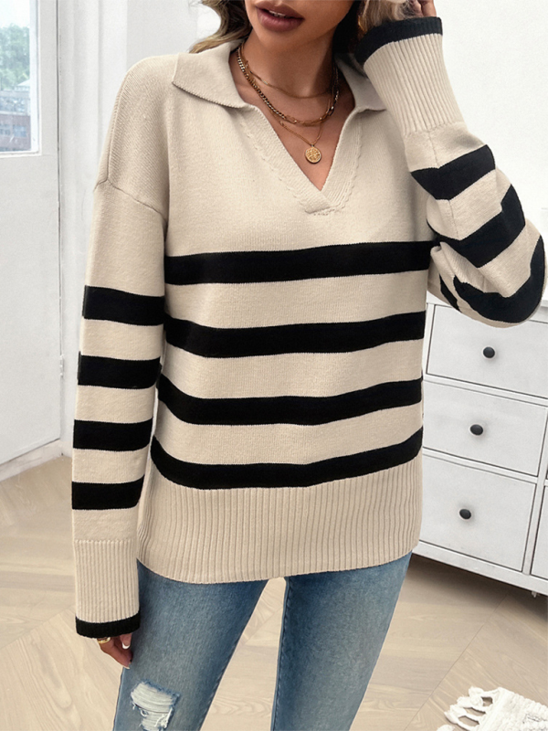 Women’s casual loose contrast color lapel sweater top