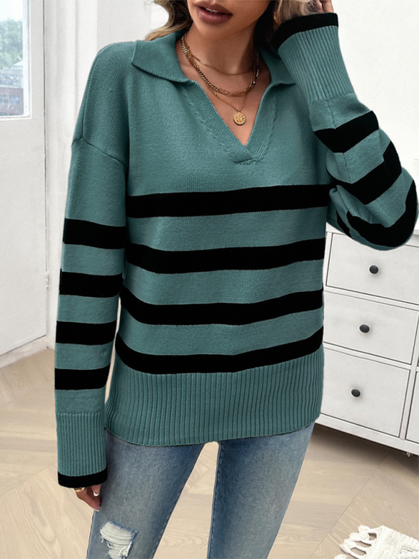 Women’s casual loose contrast color lapel sweater top
