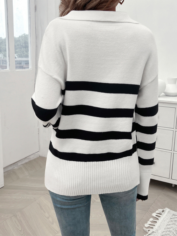 Women’s casual loose contrast color lapel sweater top